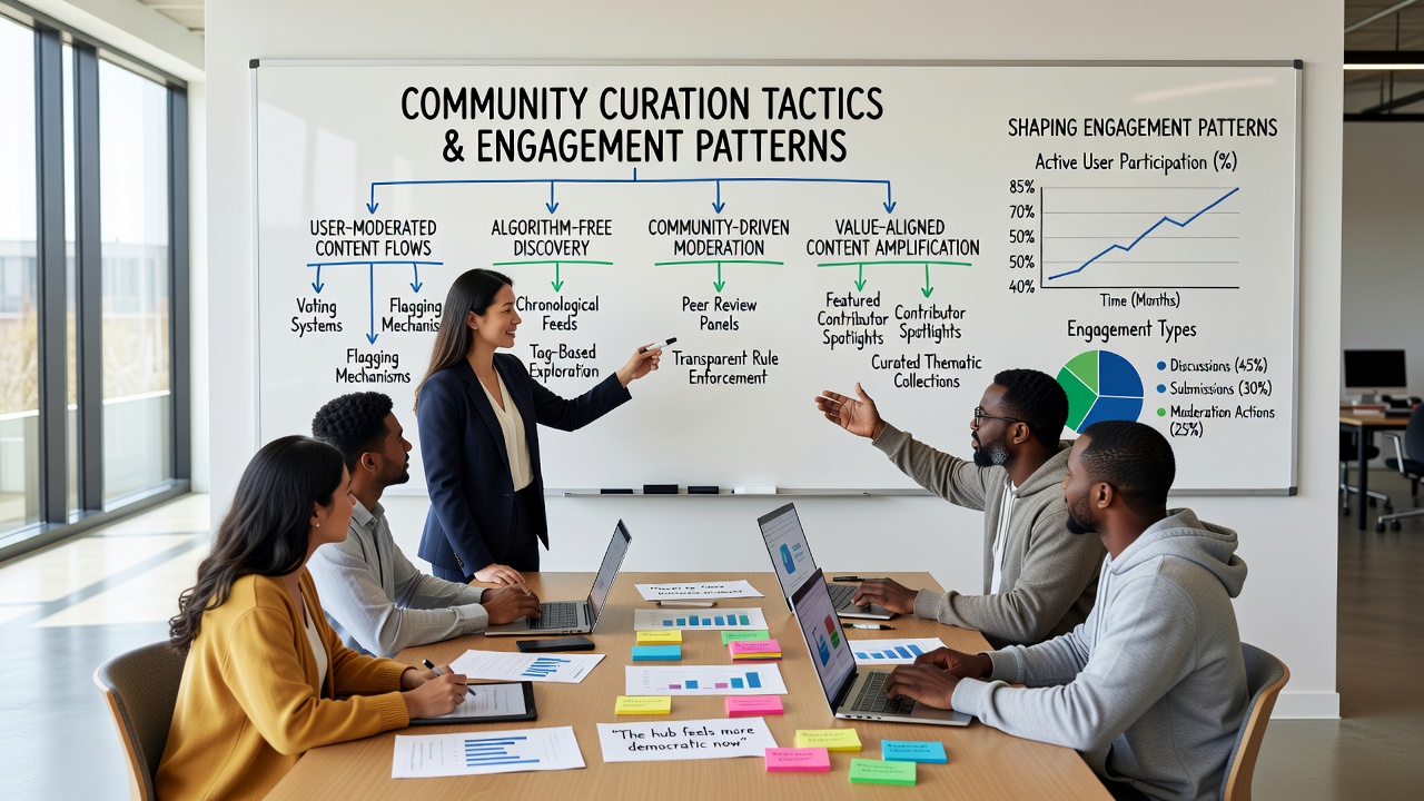Dashboard view showing engagement metrics and curation settings on an independent digital platform
