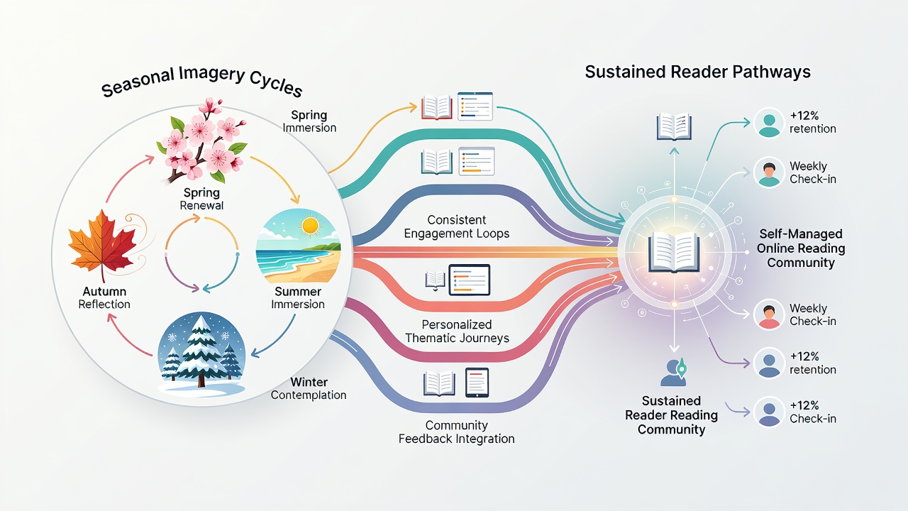 Diagram illustrating sustained reader pathways through interconnected content nodes enhanced by seasonal visual cues in an online hub environment